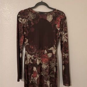 PrettyLittleThing Brown Floral Long Sleeve Dress